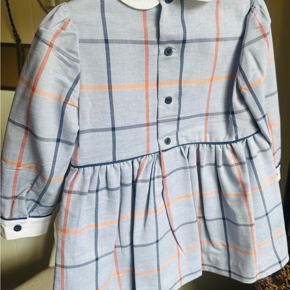 Girls Blue Plaid Peter Pan Collar Dress with Bow - Picture 4 of 5